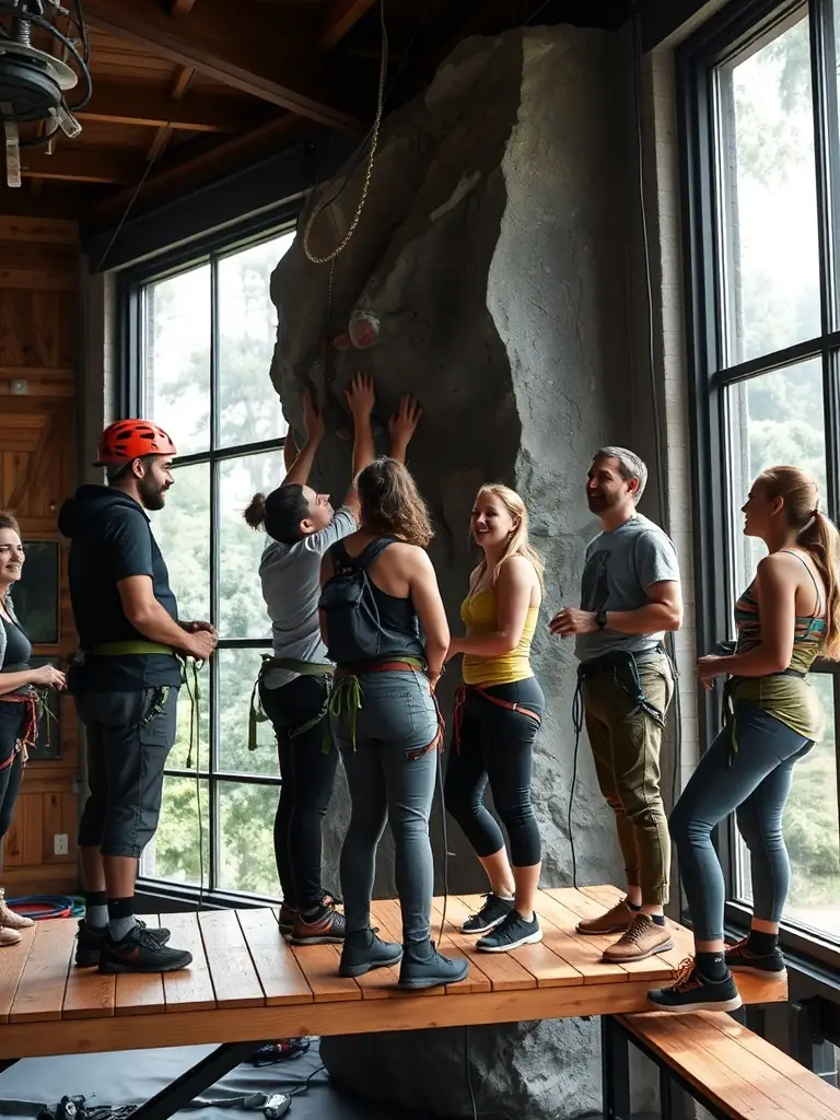 Participants engaging in a team-building exercise at a climbing facility, highlighting community engagement.