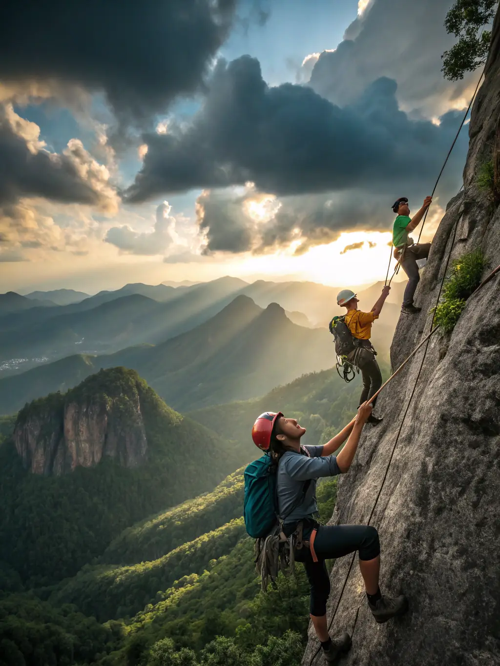 A scenic view from a climbing location, highlighting the natural beauty and the sense of accomplishment participants experience through MUR-MUR NATURE's activities, emphasizing the connection with nature.