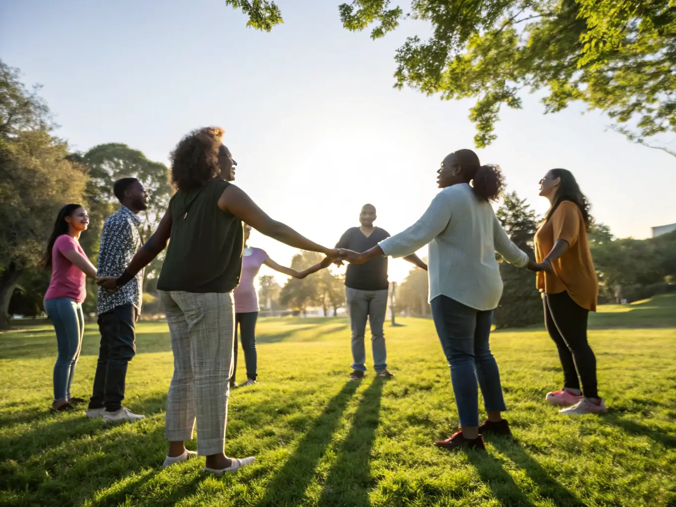 A group of people participating in a team-building exercise in a forest setting, emphasizing the teamwork and leadership skills developed through the program.