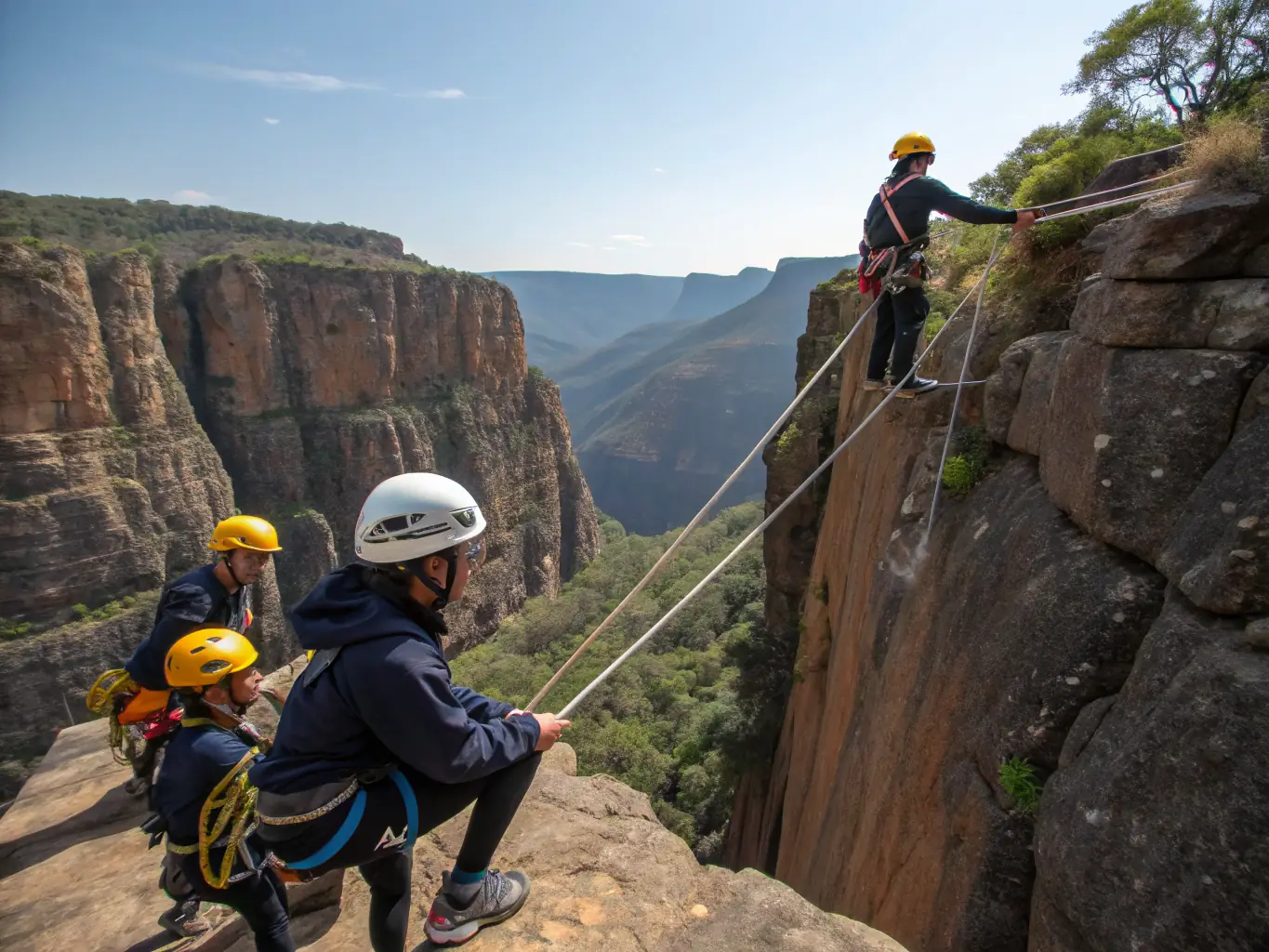 A person rappelling down a natural rock face under the supervision of a certified climbing instructor, demonstrating the advanced climbing course.