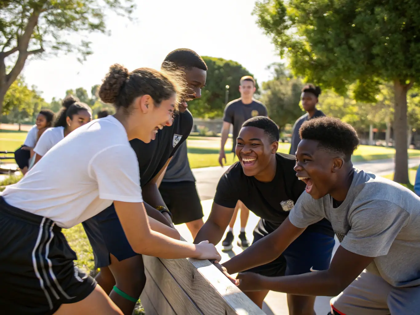 Participants engaging in a team-building activity during a MUR-MUR NATURE event, emphasizing community engagement and skill development.