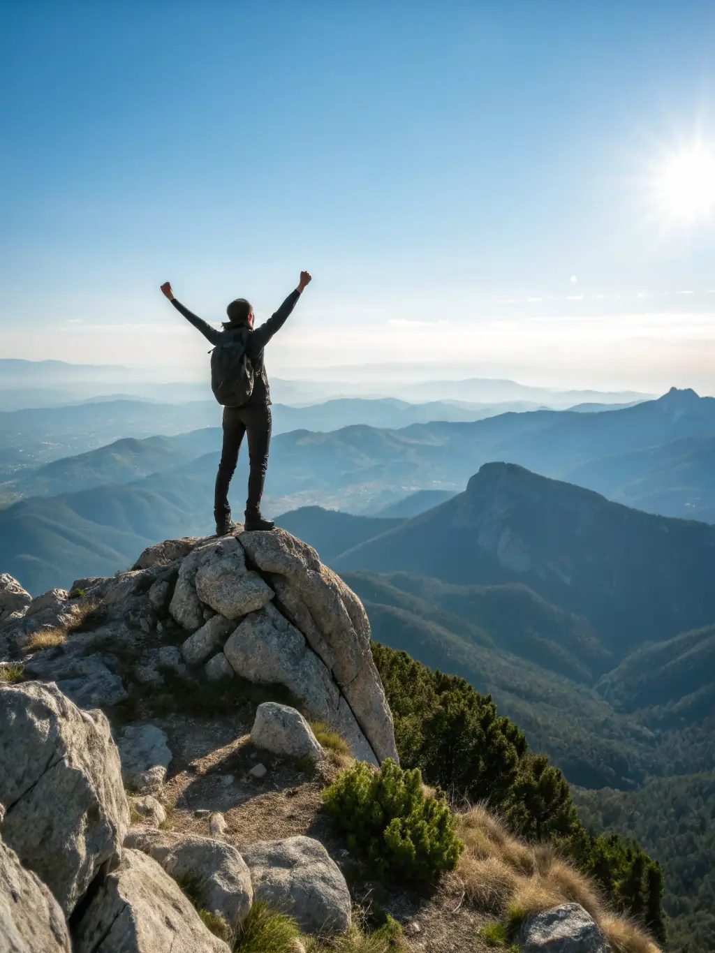 A person smiling confidently at the summit of a climb, with a scenic natural landscape in the background, symbolizing the personal growth and increased self-esteem gained through MUR-MUR NATURE's activities.