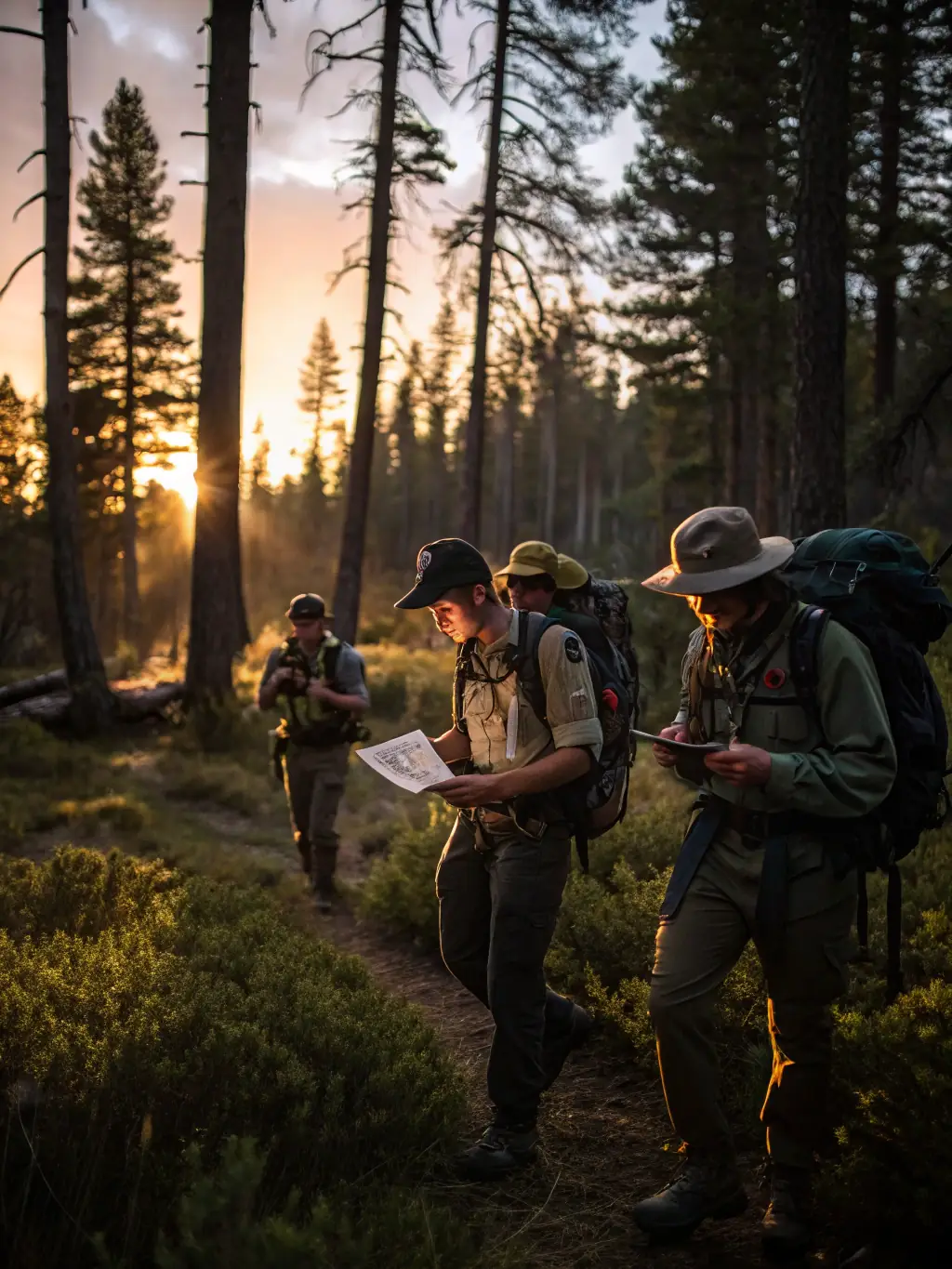 A group participating in a wilderness navigation workshop, learning map-reading and compass skills in a forest environment, highlighting the educational and skill-building aspects of MUR-MUR NATURE's programs.