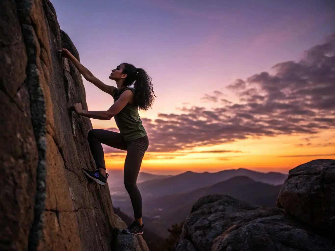 A young woman confidently scaling a rock wall, demonstrating the personal growth and confidence gained through MUR-MUR NATURE's programs.