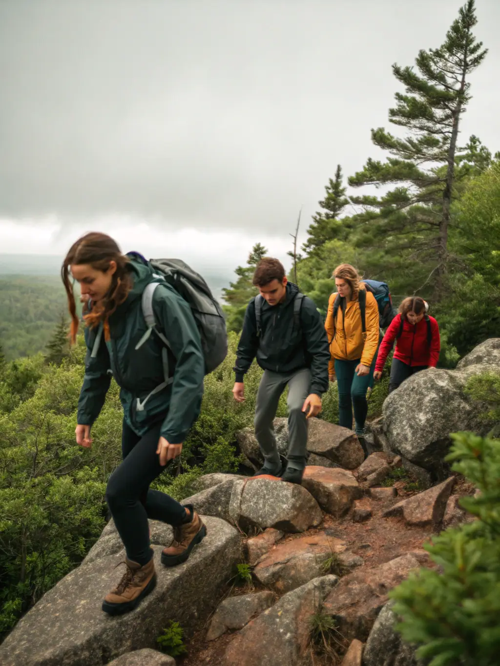 A group of diverse individuals participating in a climbing workshop, showcasing teamwork and skill development in a natural outdoor setting, emphasizing MUR-MUR NATURE's commitment to inclusive and engaging activities.