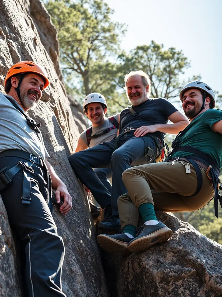 A group of diverse individuals participating in a rock climbing session outdoors, showcasing teamwork and support.