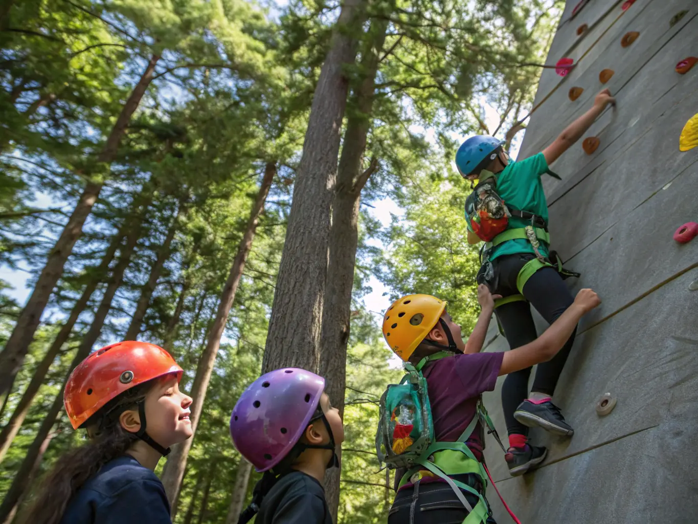 A group of children learning basic climbing techniques on a low indoor climbing wall, guided by an instructor, showcasing the introductory climbing program for kids.