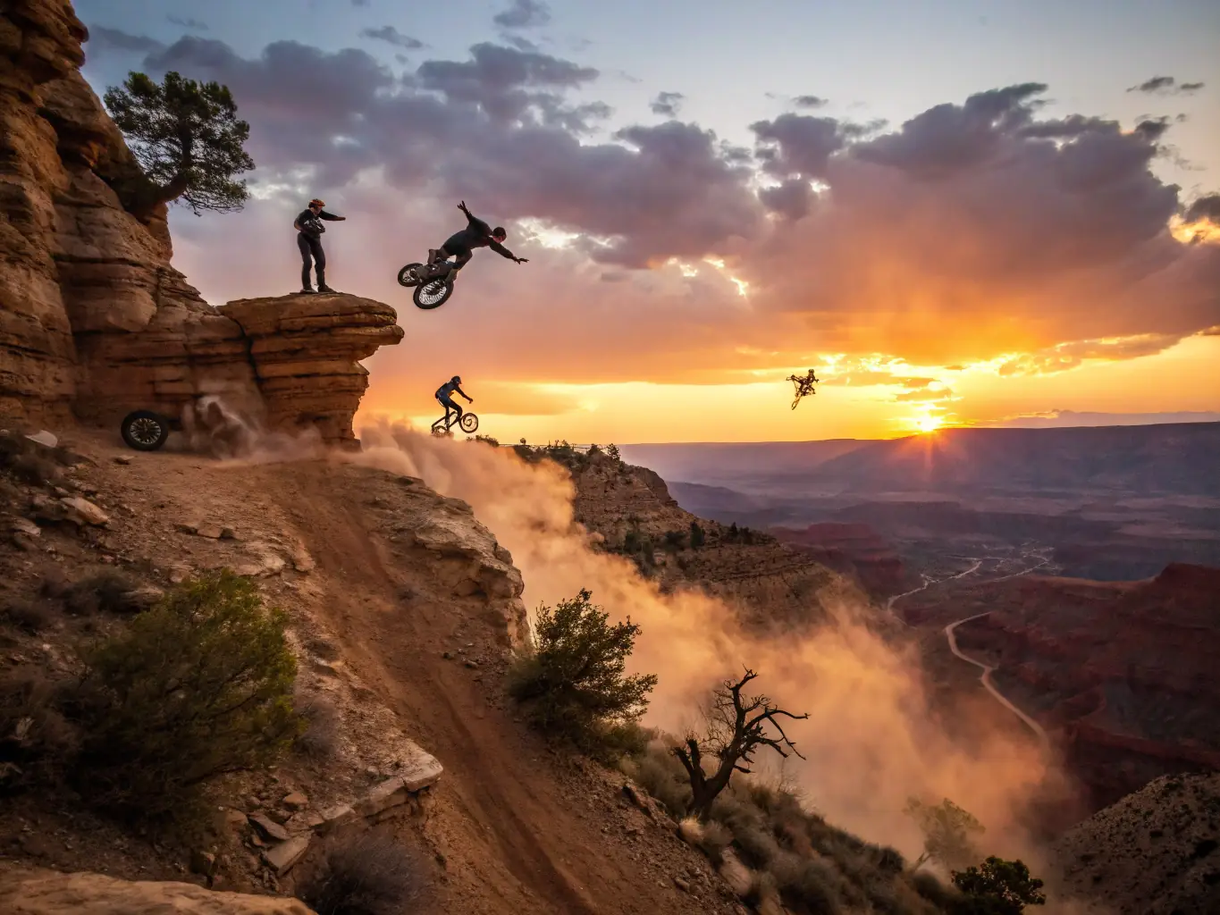 A vibrant scene of participants rappelling down a cliff face during an outdoor recreational activity, showcasing teamwork and the thrill of adventure.