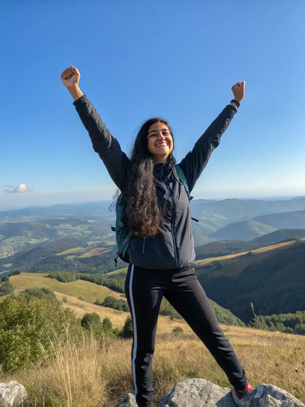 A climber reaching the summit of a rock formation, celebrating their achievement with a sense of accomplishment and joy, symbolizing the personal growth fostered by the program.