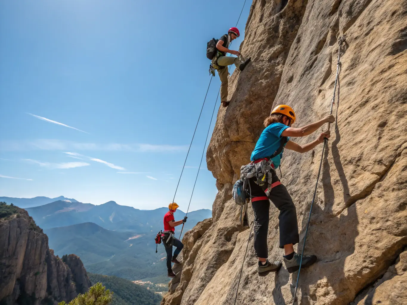 A group of climbers scaling a natural rock face, showcasing teamwork and the beauty of outdoor climbing with MUR-MUR NATURE.