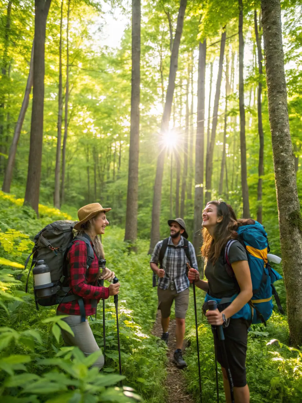 A scenic view of a group hiking through a lush forest, emphasizing the connection with nature.