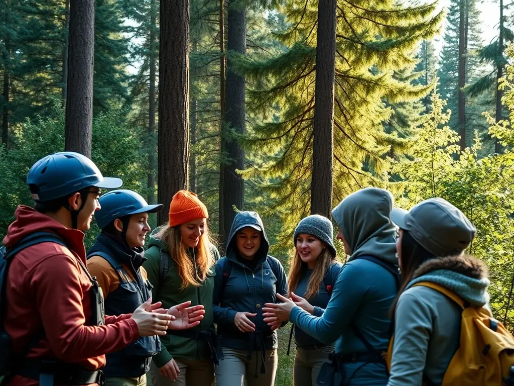 A group of young adults are laughing and working together to set up climbing equipment outdoors, showcasing teamwork and skill development in a natural setting.