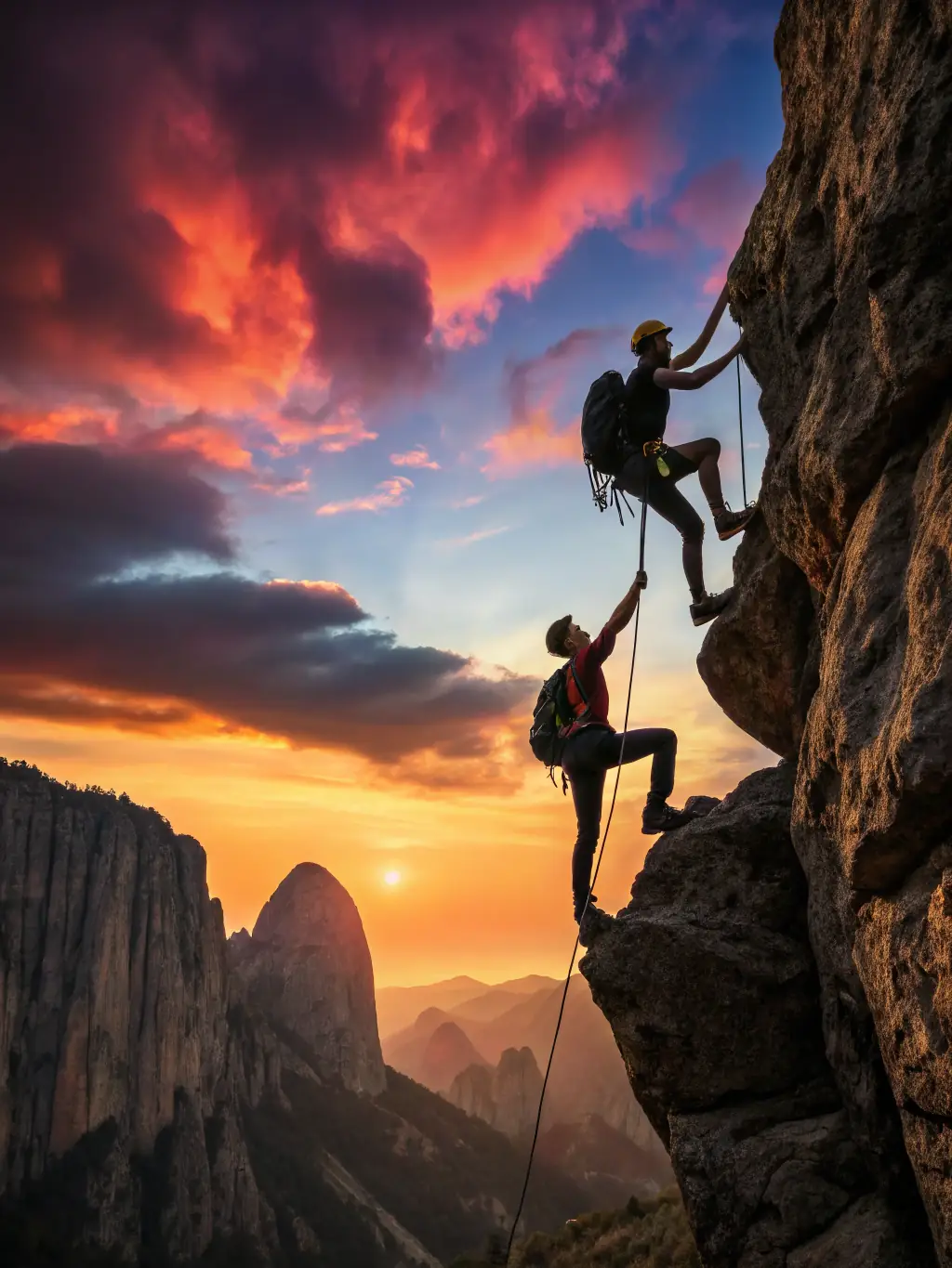A group of diverse individuals successfully scaling a rock wall, showcasing teamwork and determination in a natural outdoor setting, emphasizing the physical challenge and collaborative spirit of MUR-MUR NATURE's climbing programs.